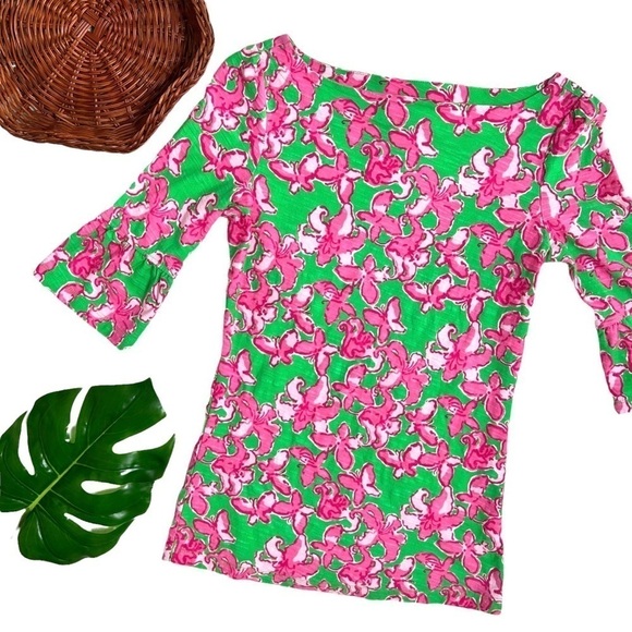 Lilly Pulitzer Boatneck Belle Top All A Flutter Pink Green Butterfly Extra Small - Picture 3 of 16